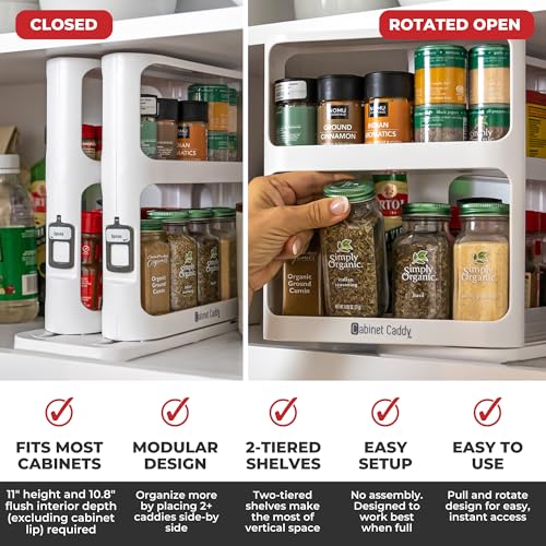 Cabinet Caddy Spice Rack Organizer for Cabinet - Slide & Rotate Kitchen Organizers and Storage - 2 Double-Decker Shelves - Non-Skid Base - Magnetic Modular Design - 10.8" H x 5.25" W x 10.8" D