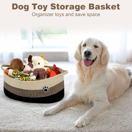 Optish Dog Toy Basket, Toy Box and Bin for Dog Cat Storage, 19.7" X 11" X 7.9" (30L) Large Woven Rope Basket for Blanket Storage, Living Room, Bedroom, Black & Brown - color: Black-Brown, size: 19.7"L x 11"W x 7.9"H (30L)