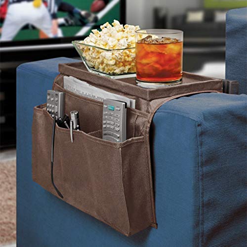 Durable Oxford Couch Sofa Armrest Organizer No-Slip Cloth Arm Chair Caddy Bedside Storage Pocket with Top Tray TV Remote Holder Bed Storage Bag for Cellphone Tablet Notepad Book Magazines DVD Glasses - color: Style-2:brown