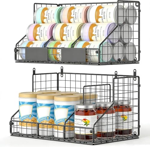 2 Tier Pantry Organizers and Storage Shelf, Stackable Can Organizer for Canned Food and Goods, Metal Wire Rack with 4 Adjustable Dividers Holds 60+ Cans for Under Cabinet Countertop