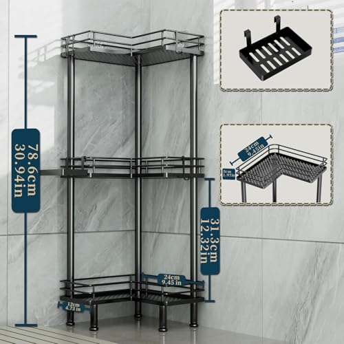Consumest Corner Shower Caddy Standing - 3-Tier Stainless Steel Shower Organizer with Soap Holder and 4 Hooks, Large Capacity Corner Shelf Stand for Bathroom, Rest Room, Black - color: Black, size: 3 Tier