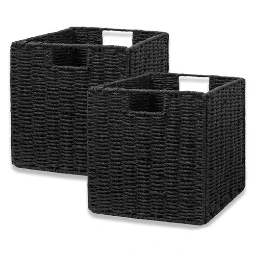 Vagusicc Storage Basket, Set of 2 Hand-Woven Storage Baskets for Organizing with Handles, Foldable Cube Storage Baskets Bins Organizer, 13 inch Large Wicker Baskets for Shelves & Decor, Black - color: Black, size: 13'' x 13'' x 13''
