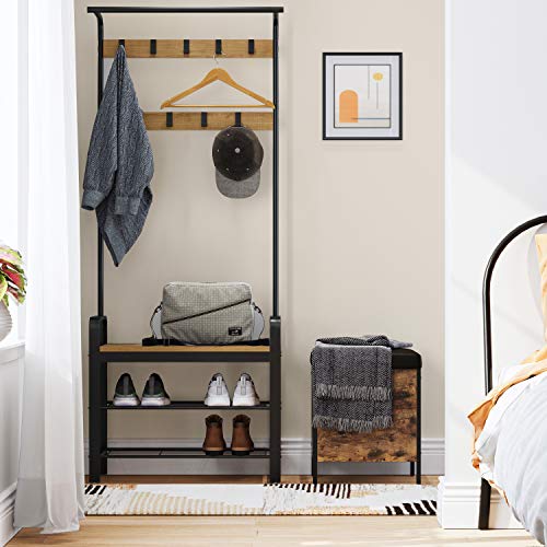 VASAGLE Coat Rack, Hall Tree with Shoe Bench for Entryway, Entryway Bench with Coat Rack, 4-in-1, with 9 Removable Hooks, a Hanging Rod, 13.3 x 28.3 x 72.1 Inches, Honey Brown and Black UHSR040B05 - color: Honey Brown + Black, size: 28.3"W