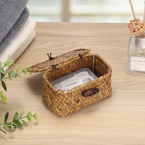 Hipiwe Handwoben Seagrass Basket With Lid Wicker Storage Baskets Decorative Shelf Basket Mini Desktop Organizer, Caramel 4.3" x 2.5" x 2.1" - color: Caramel color, size: 4.3" x 2.5" x 2.1"