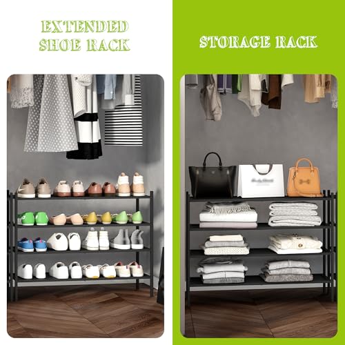 BMOSU 4-Tier Bamboo Extended Shoe Rack Premium Stackable Shoe Shelf Storage Organizer for Hallway Closet Living Room Entryway Organizer(Black) - color: Black, size: 4-Tier Long（33.3*11*25.2inches）