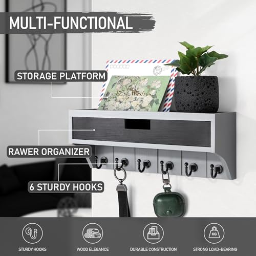 Rebee Vision Modern Pine Wood Key Holder Wall Mount with Drawer Organizer - Stylish Mail Organizer with 6 Key Hooks & Wall Shelf - Modern Apartment Essentials for Room Decor (Gray & Black) - color: Gray & Black, style: 1-Drawer