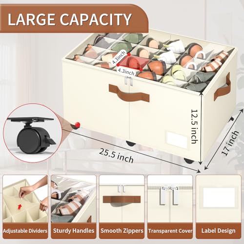 Foyego Shoe Organizer for Closet, Shoe Storage Organizer with Wheels and Adjustable Dividers, Stackable Shoe Storage Box with Clear Cover, Foldable Closet Shoe Organizer Fits up to 24-48 Pairs, Beige - color: Beige, size: 25 ½"L x 17"W x 12 ½"H