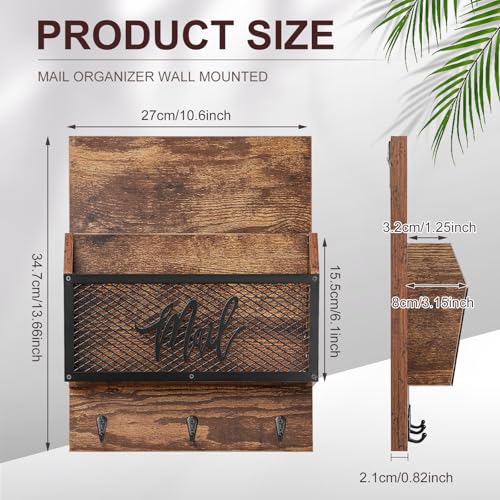 Yalikop Farmhouse Mail Organizer Wall Mounted Rustic Mail Holder Hanging Key Sorter with 3 Hooks Indoor Wooden Wall Mounted, Letter, Magazines, Newspapers, Keys(Classics,Brown) - color: Brown