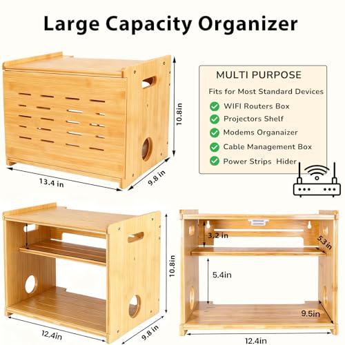 Fullin Upgrade WiFi Router Storage Box Hider, Large Capacity Projector Shelf, Wall Mount or Desktop Cable Management Box, Bamboo Modem Organizer Power Strip Hider Rack Need Assembly