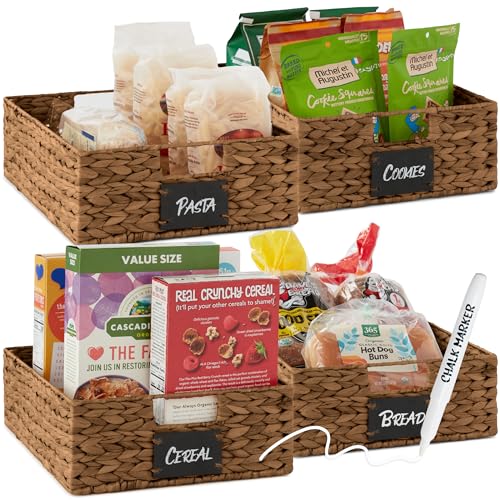 Best Choice Products Set of 4 16x12in Large Water Hyacinth Pantry Baskets, Woven Organizers w/Chalkboard Label, Chalk Marker - Chestnut - color: Chestnut, size: 12x16x5in
