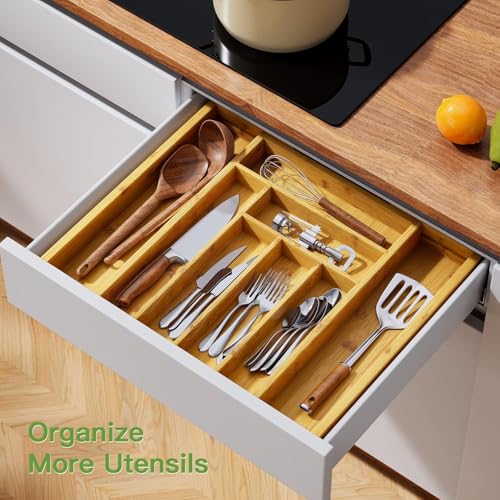 Pipishell Bamboo Expandable Silverware Drawer Organizer, Adjustable Kitchen Utensil Tray for Forks, Spoons and Knives, Wood Storage Cutlery Holder for Bedroom and Living Room - color: Natural, size: Large