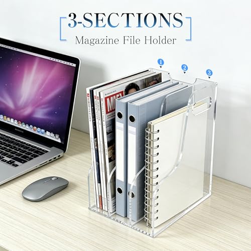 3-Tier Clear Acrylic File Holder, Vertical Document Organizer for Magazines, Binders, Notebooks & Envelopes - Multi-Purpose Desk Storage for Home Office（A4,3 Sections） - size: A4, 3 Sections