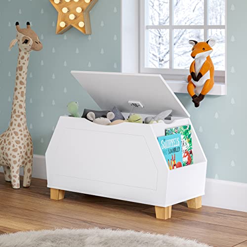 RiverRidge Kids Catch-All Collection Toy Box with Side Book Shelves Child-Safe Toy Storage Organizer With Childrens Bookshelf Side Slots For Kids Game And Book Storage - White - color: White