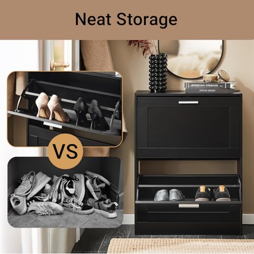 Haotian Shoe Cabinet Storage for Entryway, Narrow Shoe Cabinet with Two Flip Drawers to Save Space, Shoe Rack Cabinet for Front Door Entrance Hallway (Black) - color: Black, size: 2-Drawers
