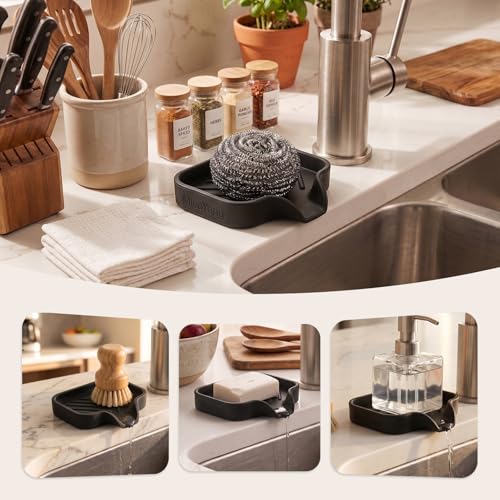 MicoYang Silicone Bathroom Soap Dishes with Drain Spout-Bathroom and Kitchen Sink Organizer,Sponge Holder,Dish Soap Tray,Perfect for Dispenser,Scrubber,Bottle,Cup on Sink or Counter-Black 4.9"×3.2" - color: Black, size: S(4.9"×3.2")
