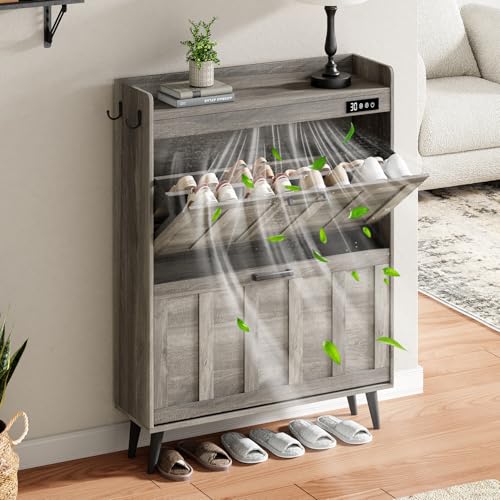 ChooChoo Shoe Storage Cabinet with 2 Flip Drawers, Deodorizing Shoe Organizer Storage for Entryway, Freestanding Hidden Slim Narrow Shoe Rack Cabinet, Grey - color: Grey, size: 2-Drawers