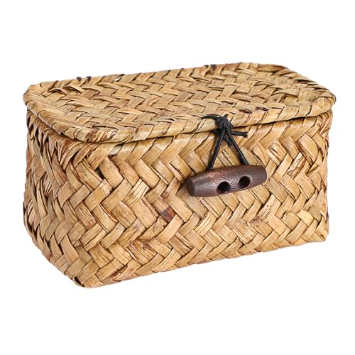 Hipiwe Handwoben Seagrass Basket With Lid Wicker Storage Baskets Decorative Shelf Basket Mini Desktop Organizer, Caramel 4.3" x 2.5" x 2.1" - color: Caramel color, size: 4.3" x 2.5" x 2.1"