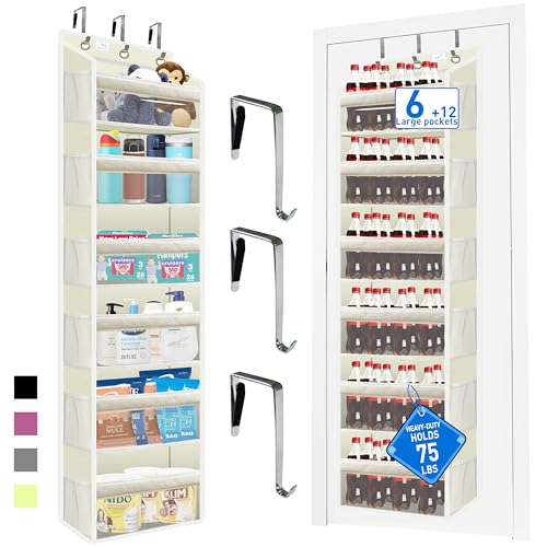 over the door organizer, Solid Bamboo Board (Not Plastic!) 6-Tier Heavy Duty 75LB, 12 Side Pockets, 3 Reinforced Hooks & Anti-Slip Pads, Waterproof & Washable, No Sagging, No Door Damage,Ivory - color: over door organizer-Ivory