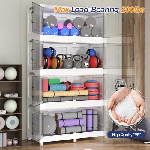 250Gal Extra Large Stackable Storage Bins with Lid (5-Pack), 1000QT Foldable Organizer with Clear Magnetic Doors & Wheels, Plastic Cabinet for Bedroom, Garage, Dorm, Closet, Home, Kitchen