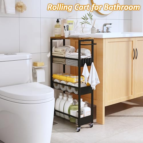 Vincona Slim Rolling Utility Cart, 4 Tier Metal Narrow Storage Cart with Handle and Wood Top, Multifunctional Small Mobile Shelf Unit Organizer Trolley for Laundry, Bathroom, Kitchen - color: Black, size: 7.1" wide