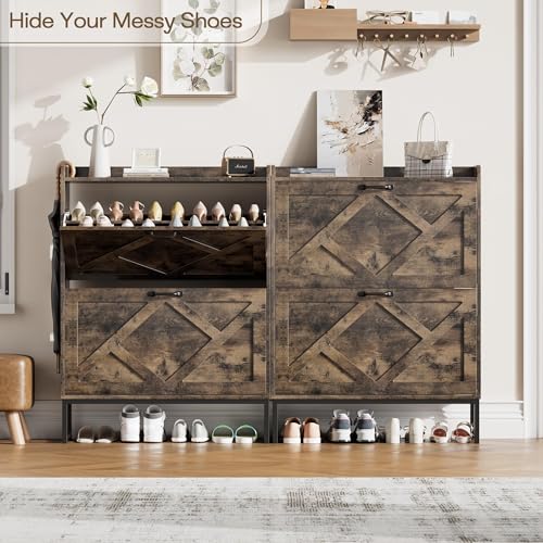 Nicetree Shoe Cabinet with 2 Flip Drawers, Freestanding Shoe Storage Cabinet with Metal Legs, Farmhouse Shoe Organizer for Entryway, Foyer, Hallway - color: Chestnut, style: 2-Drawers