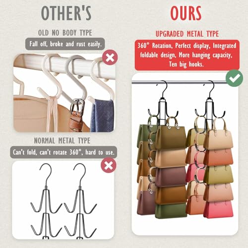 Purse Organizer for Closet, Upgraded Purse Hanger with 10 Big Hooks, 360 Degree Rotation for Better Organizer and Display, Collapsible Space Saving Hangers Rack for Handbag, Scarve, Tie, Black - color: Black, size: 1
