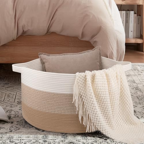 OIAHOMY 90L Blanket Basket for Living Room, Large Basket 23" x 23" x 13" with Handle, Laundry Hamper for Blankets, Pillows, Toy Storage for Kids, Dogs - Gardient Light Brown - color: Gardient Light Brown, size: 23" x 23" x 13"
