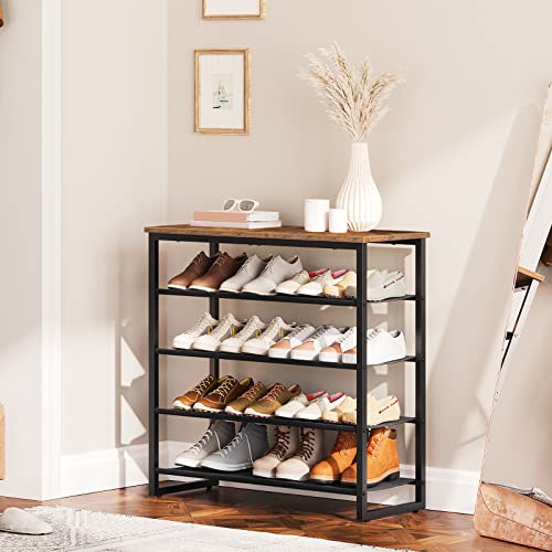 HOOBRO Shoe Rack, 5 Tier Shoe Storage Organizer with 4 Oxford Fabric Shelves and Top Panel, Holds 16-20 Pairs of Shoes, for Entryway and Closet, Industrial, Rustic Brown BF50XJ01 - color: Rustic Brown + Black, size: 29.5"L x 11.2"W x 29.5"H