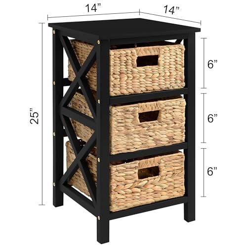 eHemco 3 Tier X-Side End Table with Wicker Baskets for Bedside, Living Room, Black - color: Black, size: 14"D x 14"W x 25"H (3 Drawers)