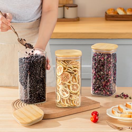 SENTVEND 51 Oz Glass Storage Jars with Bamboo Lids - 3 Pack Clear Glass Canisters Square Airtight Stackable Ideal for Pantry Storage Containers Great for Storing Oats Coffee Beans Pasta Flour Rice etc - color: 51 OZ-Clear