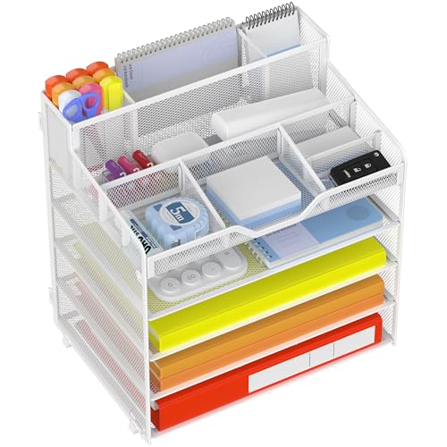 Docnest 5 Tier Mesh Desk Organizer for Paper Office Supplies – Multi-Functional Letter Tray with 5 Adjustable Compartments, 3 Pen Holders, Desktop Storage for Files, Mail, Stationery – White - color: White, size: 12.7" x 9.1" x 13.2"
