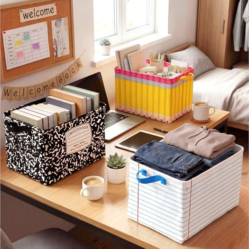 Geelin 3 Pcs Teacher Appreciation Baskets Pencil Book Storage Basket for Gifts Collapsible Waterproof Canvas Cute Storage Bin Organizer with Handles for Book Closet Shelf Nursery Decor - style: Back to School