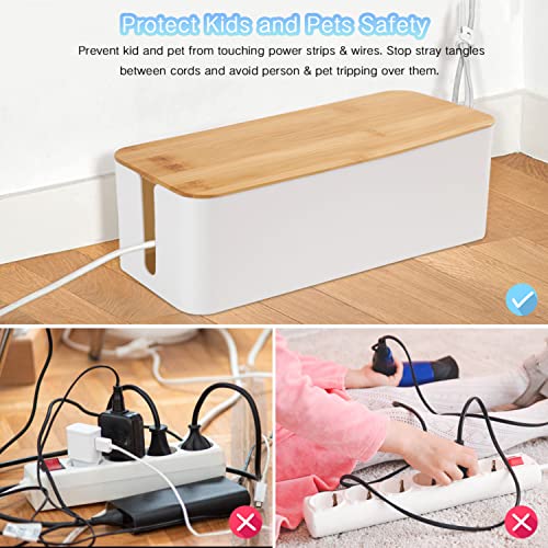 Cable Management Box Organizer, Set of 2 Bamboo Lid Large Storage Wire Holder to Conceal Hide Surge Protector, Power Strips Cord on Desk Floor, with 5 Cables Tape for Home Office Computer TV USB Hub - size: 2 Pack (L+M)