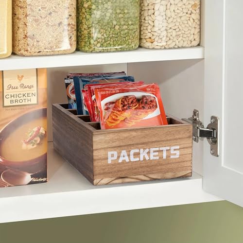 BSTKEY Seasoning Packet Organizer, Food Packet Storage Organizer with 4 Compartments, Wooden Storage Caddy for Kitchen Pantry Cabinet, Farmhouse Kitchen Organization Bin for Snacks Spice Packets - color: Vintage Wood
