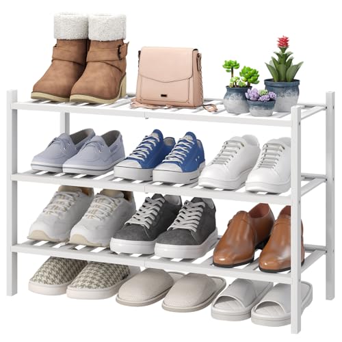 viewcare White Shoe Rack, 3-Tier Bamboo Wood Shoe Rack for Closet, Entryway & Hallway, and Stackable Shoe Shelf Storage Organizer for Indoor and Outdoor - color: White, size: 3-Tier