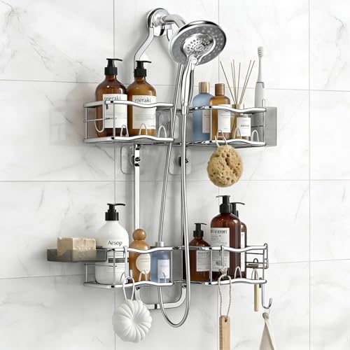 Shower Caddy Hanging Organizer, Rustproof Shower Organizer Hanging for Handheld Showerhead with Hooks for Razor/Sponge, Bathroom Caddy Rack Shower Shelves for Shampoo Soap Towels, Silver - color: Silver