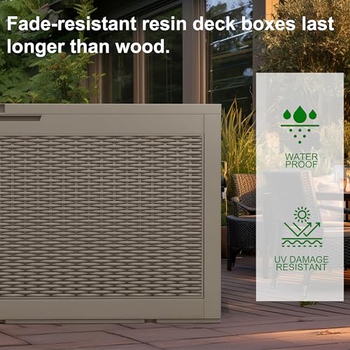 120 Gallon Outdoor Deck Box, Lockable Waterproof Outdoor Storage Boxes For Garden Tools,Indoor Cushions,Accessories Outside Storage Resin Weatherproof Container(Grey) - color: Grey, size: 120 Gallon