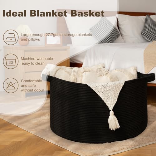 OIAHOMY 105L Blanket Basket for Living Room, Large Basket 23.6" x 23.6" x 14.6" with Handle, Laundry Hamper for Blankets, Pillows, Toy Storage for Kids, Dogs - Black - color: Black, size: 23.6" x 23.6" x 14.6"
