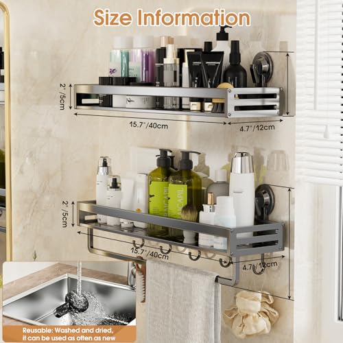 Suction Cup Shower Caddy, 15.7inch Extended Version, with 5 Hooks & Towel Rrack, No Drilling Required, Rust-Resistant Bathroom Shower Organizer (Dark Gray, 2-Pack) - size: 15.7 inches(2-pack US)