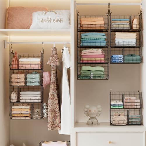 4 Tier Hanging Closet Organizer with Dividers,Extra Large Storage Hanging Shelf with 5 S Hooks 4 Dividers,Hang on wire closet shelving Clothes Organizer-Black - color: Black, size: 4-Tier