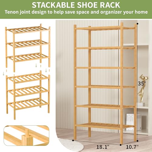 ROMGUAR CRAFT 6-Tier Bamboo Small Shoe Rack, Free Standing Wood Shoe Shelf Storage Organizer for Closet Entryway Stackable (Natural) - color: Natural, size: 6-Tier(Small)
