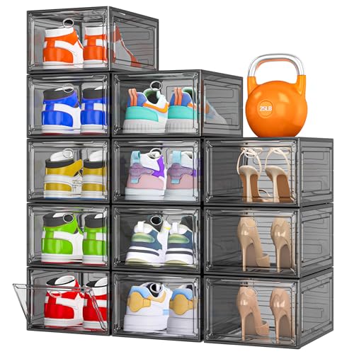 12 Pack Clear Shoe Storage Organizer with Magnetic Door, Stackable Plastic Shoe Boxes for Sneakers, Boots, and Heels, Space-Saving Foldable Shoe Rack for Closet, Durable Shoe Cabinet Organizer, Black - color: Black, size: 12 pcs