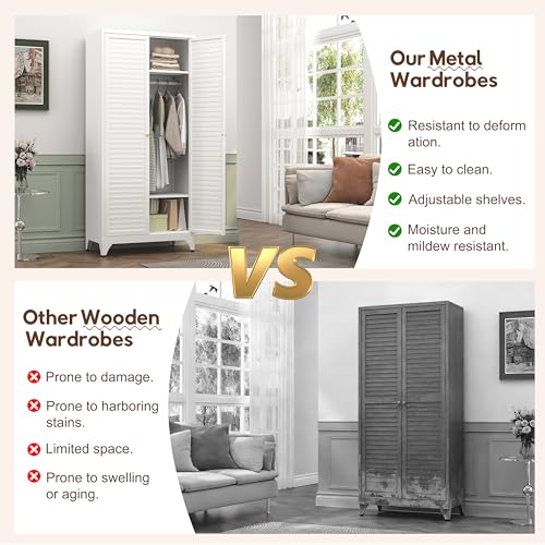 UNICOLY Metal Wardrobe Closet, 71'' Wardrobe Cabinet with Hanging Rod, Armoire Wardrobe Closet with 2 Louver Doors, Adjustable Shelves, for Bedroom, Cloak Room, School, Gym, Government, White - color: White, size: 71 Inch Louvered Doors with 0 Drawers