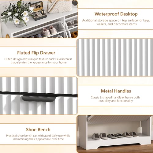 HUANLEGO Shoe Cabinet Storage for Entryway with 2 Flip Drawers, White Fluted Shoe Cabinet with Open Storage, Wooden Hidden Shoe Rack Freestanding Narrow Slim Shoes Organizer for Hallway, Entrance - color: White, size: 2 Drawer