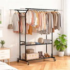 Luxspire Heavy Duty Clothes Rack Load 650 LBS, Double Rod Clothing Racks for Hanging Clothes, Rolling Garment Racks with Lockable Wheels, Shelves, Adjustable Laundry Hanging Rack, Black - color: Black