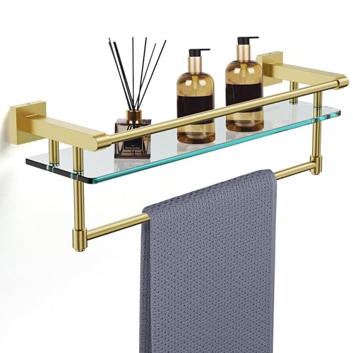 Bathroom Glass Shelf with Towel Rack Organizer Wall-Mounted Bathroom Storage SUS304 Stainless Steel Track Wall-Mounted Tempered Glass Stainless Steel Shelf (Brushed Gold, 20-inch) - color: Brushed Gold, size: 20-inch with Railing