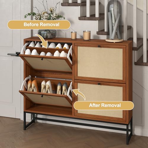 AVZEAR 43" Narrow Shoe Storage Cabinet for Entryway with Natural Linen Panel, Freestanding Slim Shoe Cabinet with 4 Flip Drawers, Wood Shoe Organizer Closed Shoe Rack for Hallway, Living Room(Walnut) - color: Walnut, size: 4 Drawers