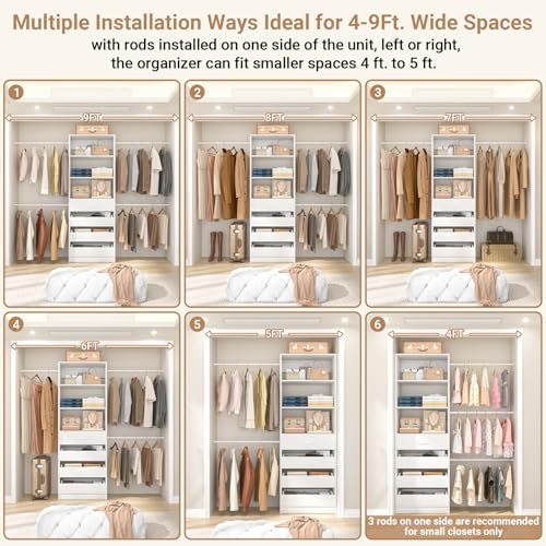 Aheaplus 4-9Ft Closet System, Closet Organizer with 4 Wooden Drawers, Wood Closet Organizer System with Tower, Walk-in Closet Organizer Wardrobe and Storage with 4 Hanging Rods, 11White - color: White-1Set