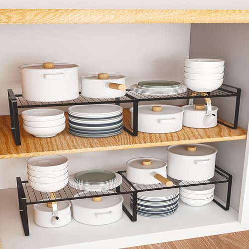 Expandable Cabinet Shelf Rack Set of 2, 13"~24" L X 8" D X 7" H Stackable Kitchen Cabinet Organizer Shelves Set of 2 for Countertop Pantry Cabinet Accessories - color: Black