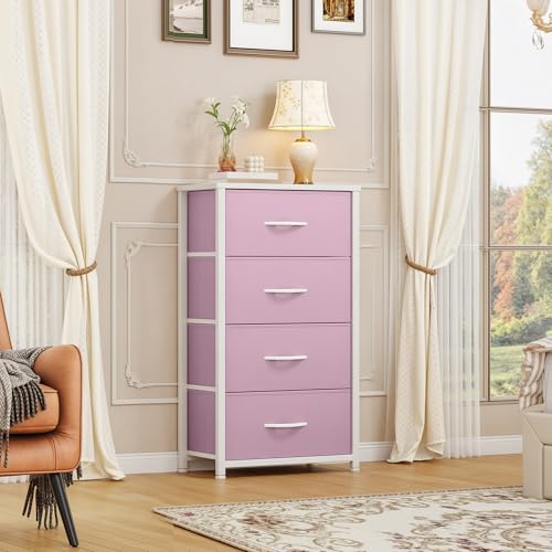 DWVO Storage Drawer with 4 Drawers - Fabric Dressers, Dresser for Bedroom, Living Room, Closets - Sturdy Steel Frame, Wooden Top & Easy Pull Fabric Bins - color: Pink, style: 4-Drawer